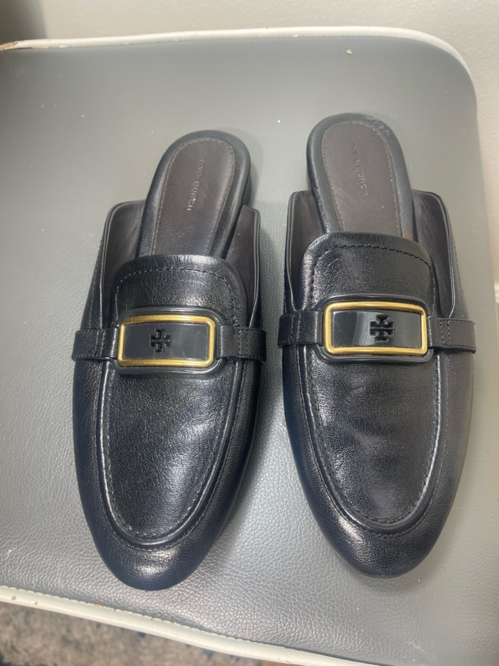 Tory Burch Georgia Black Leather Slip-On Mules with Gold Buckle 10M
